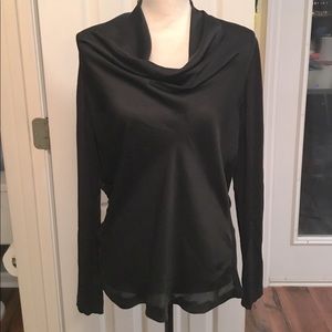 Kenneth Cole Black dress cowl neck top, satin front, knit back.